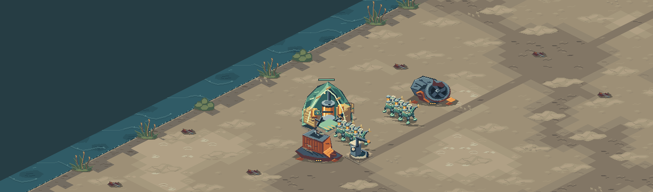 A base on the salt flat beside the water, with a squad of machines.