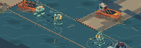 Machines wading through a flooded lane beside a moored ferry.