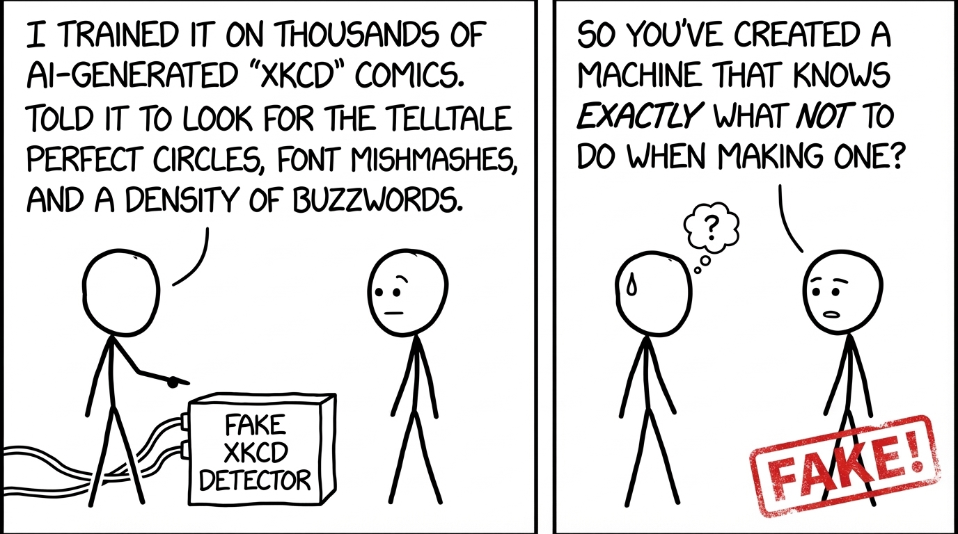 Two stick figures stand by a 'Fake XKCD Detector' machine. First figure: 'I trained it on thousands of AI-generated XKCD comics. Told it to look for the telltale perfect circles, font mishmashes, and a density of buzzwords.' Second figure: 'So you've created a machine that knows EXACTLY what NOT to do when making one?'